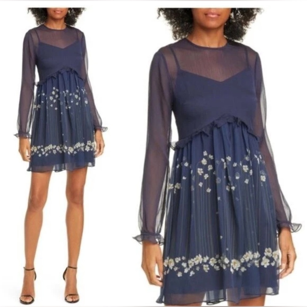 Ted Baker Zemi Pearl Printed Long Sleeve Mini Dress Dark Blue 3 US 8